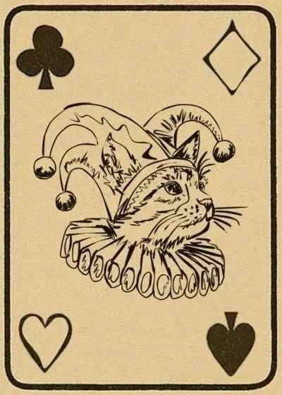 A surreal line drawing of the Joker Playing card. A playing card featuring a line drawing of a cat wearing a jester's hat with pom-poms, surrounded by the four card suits: clubs, diamonds, hearts, and spades.