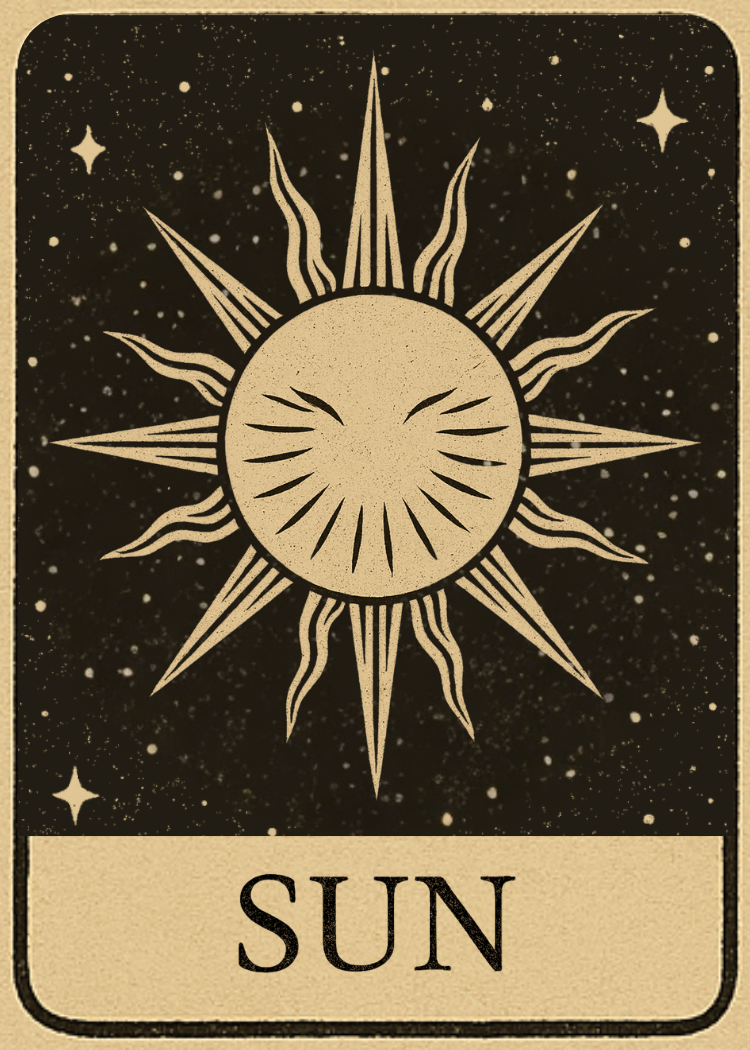 Illustration of a stylized sun with rays, set against a starry black sky, with the word 'SUN' written below.