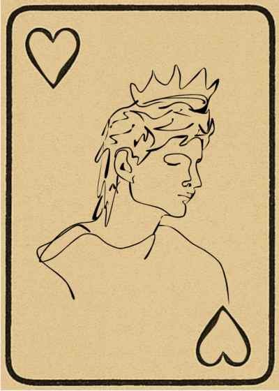 Line drawing of a person wearing a crown, with heart symbols in the top left and bottom right corners.