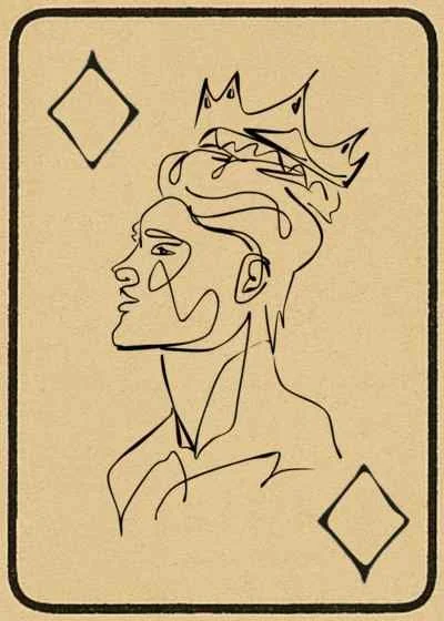 Line drawing of a woman with a crown, facing left, with two diamond shapes in the background.