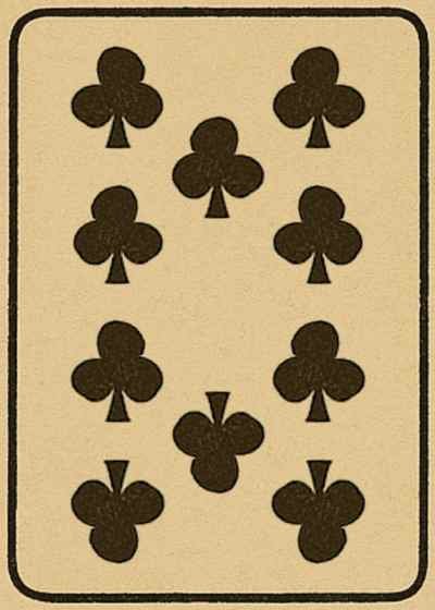Playing card with clubs suit symbols arranged in a specific pattern on a beige background.
