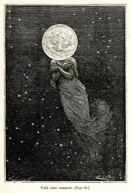 A black and white illustration of a mermaid with long flowing hair and a fish tail, holding a large full moon in her arms against a starry night sky.