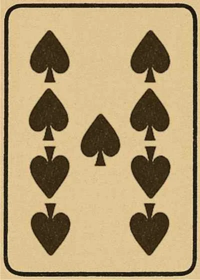 A playing card featuring the spade suit arranged in nine black spade symbols, with four on each side and one in the center.