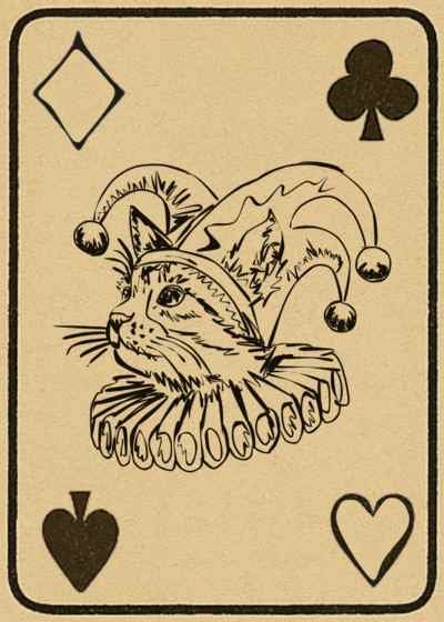 Illustration of a cat wearing a jester hat with bells, surrounded by playing card symbols for diamonds, hearts, clubs, and spades.