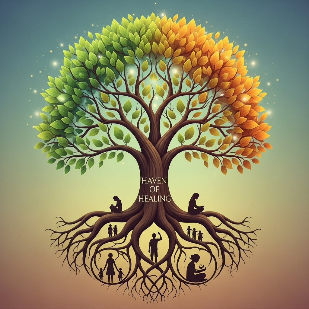 A stylized tree with green and orange leaves, glowing with sparkles and light, with silhouettes of people of different ages sitting and standing near and under the tree, and the words "Haven of Healing" written on the trunk.