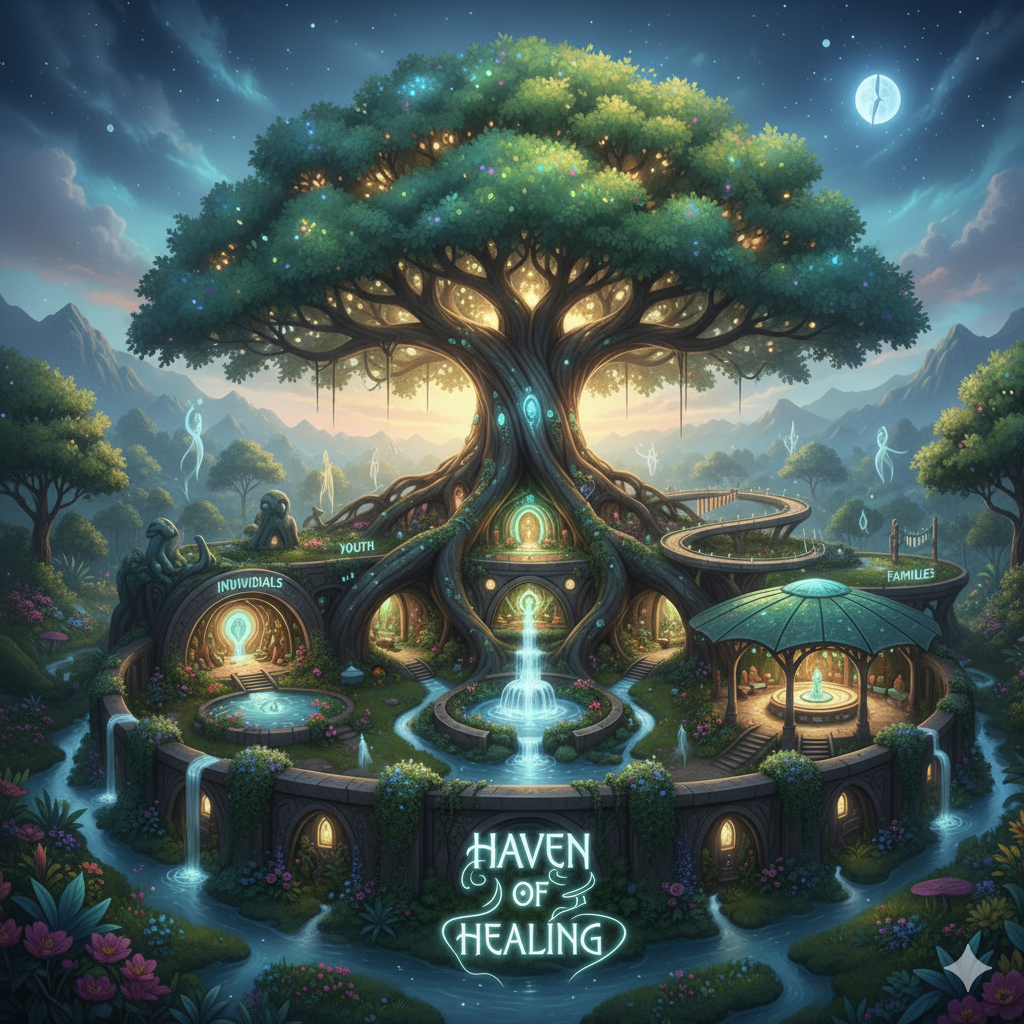 A magical, glowing tree in a lush, fantastical landscape at night with waterfalls, pathways, and various labeled areas such as "Youth," "Individuals," and "Families," in a mystical setting called "Haven of Healing."