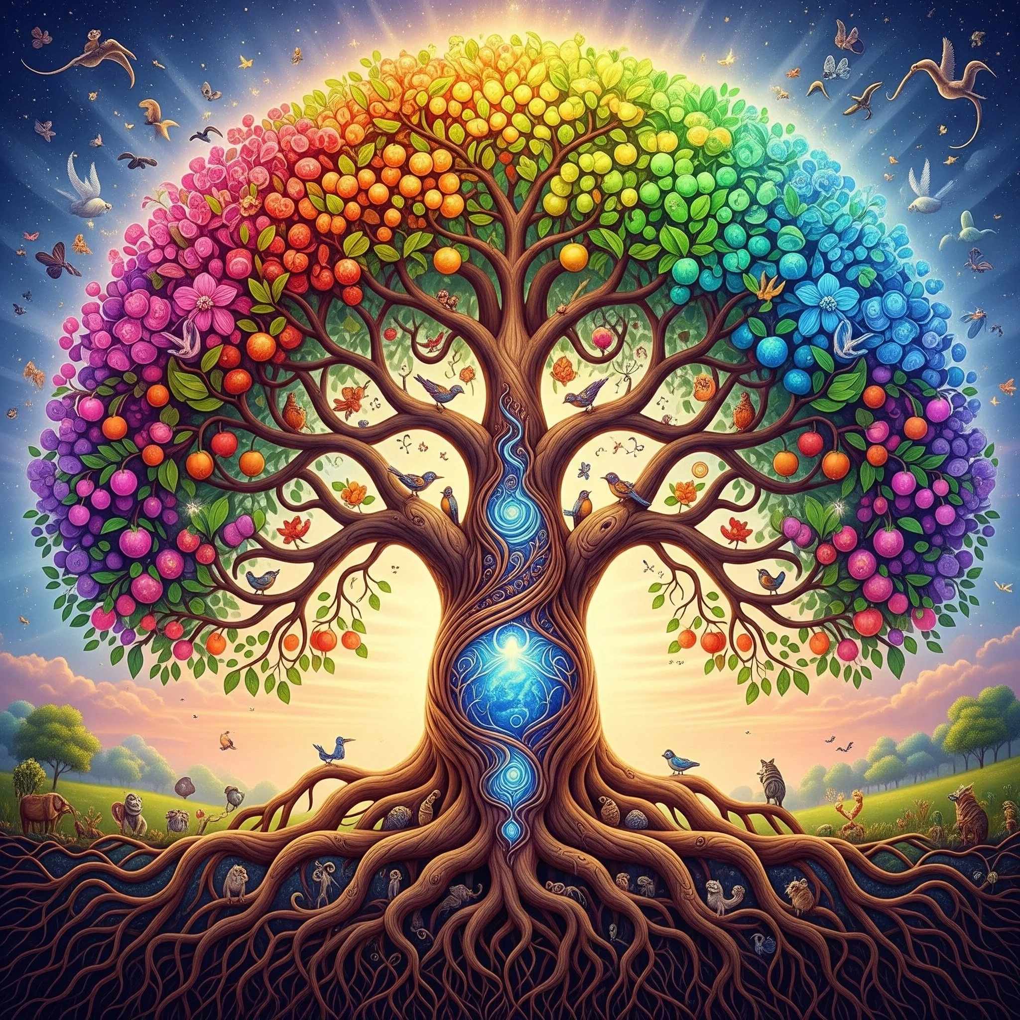 A colorful, artistic tree with multicolored leaves and fruits, surrounded by various birds, animals, and insects, set against a bright sky with clouds and a glowing light.