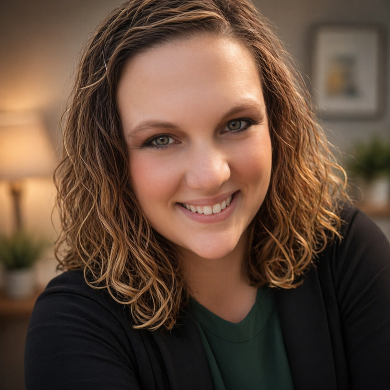 Close-up of a smiling woman with curly brown hair, wearing a green top and black jacket, indoors with blurred background.