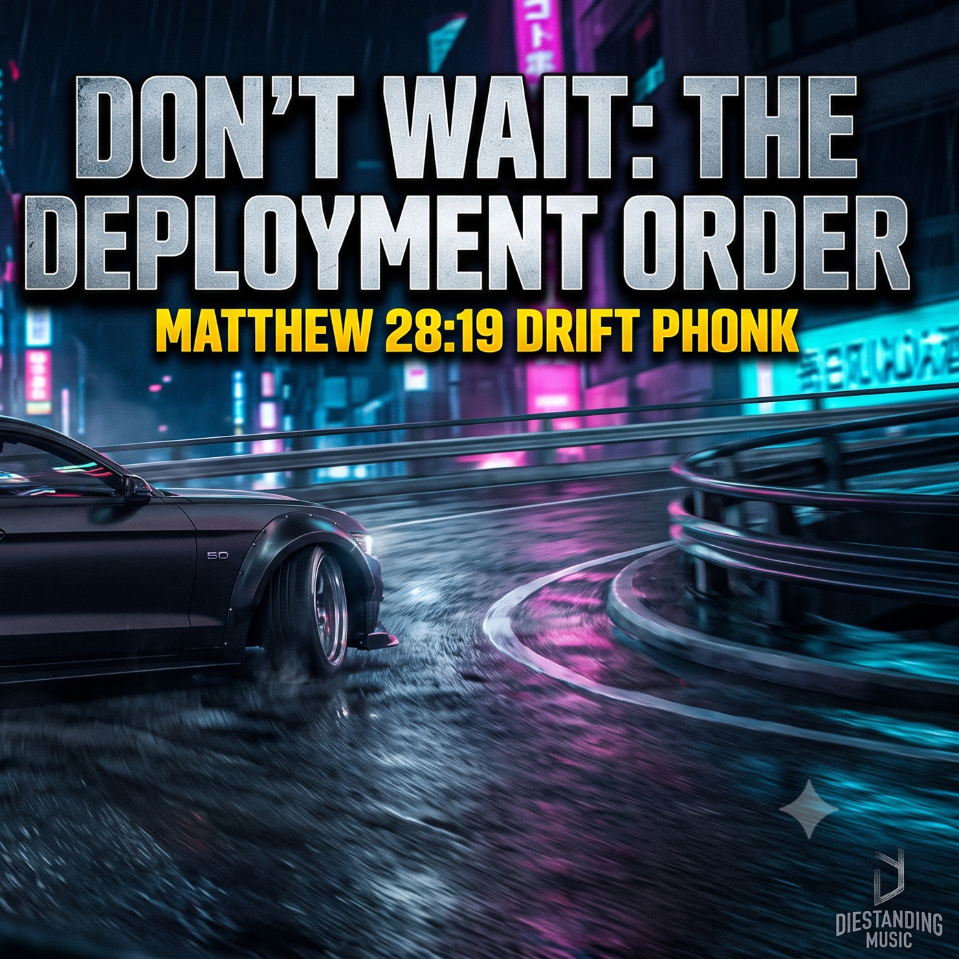 A neon-lit cityscape at night with a sleek black car racing on a wet road, featuring the text 'Don't wait: The deployment order, Matthew 28:19, Drift Phonk' overlaid.