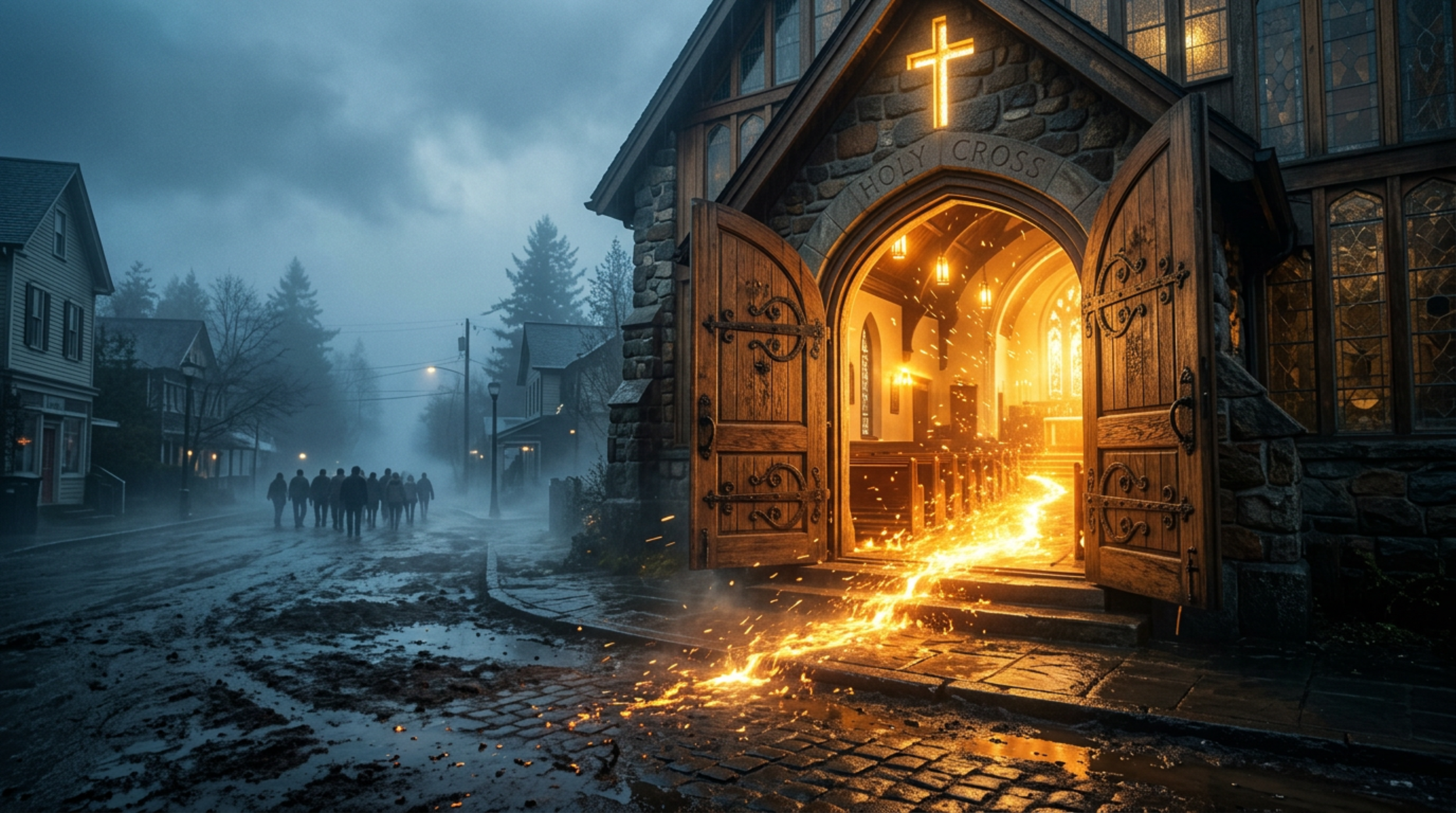 A church named Holy Cross with a glowing cross above its entrance, open wooden doors, and molten lava flowing out onto the ground, with a group of silhouetted people walking on a misty street in the background.