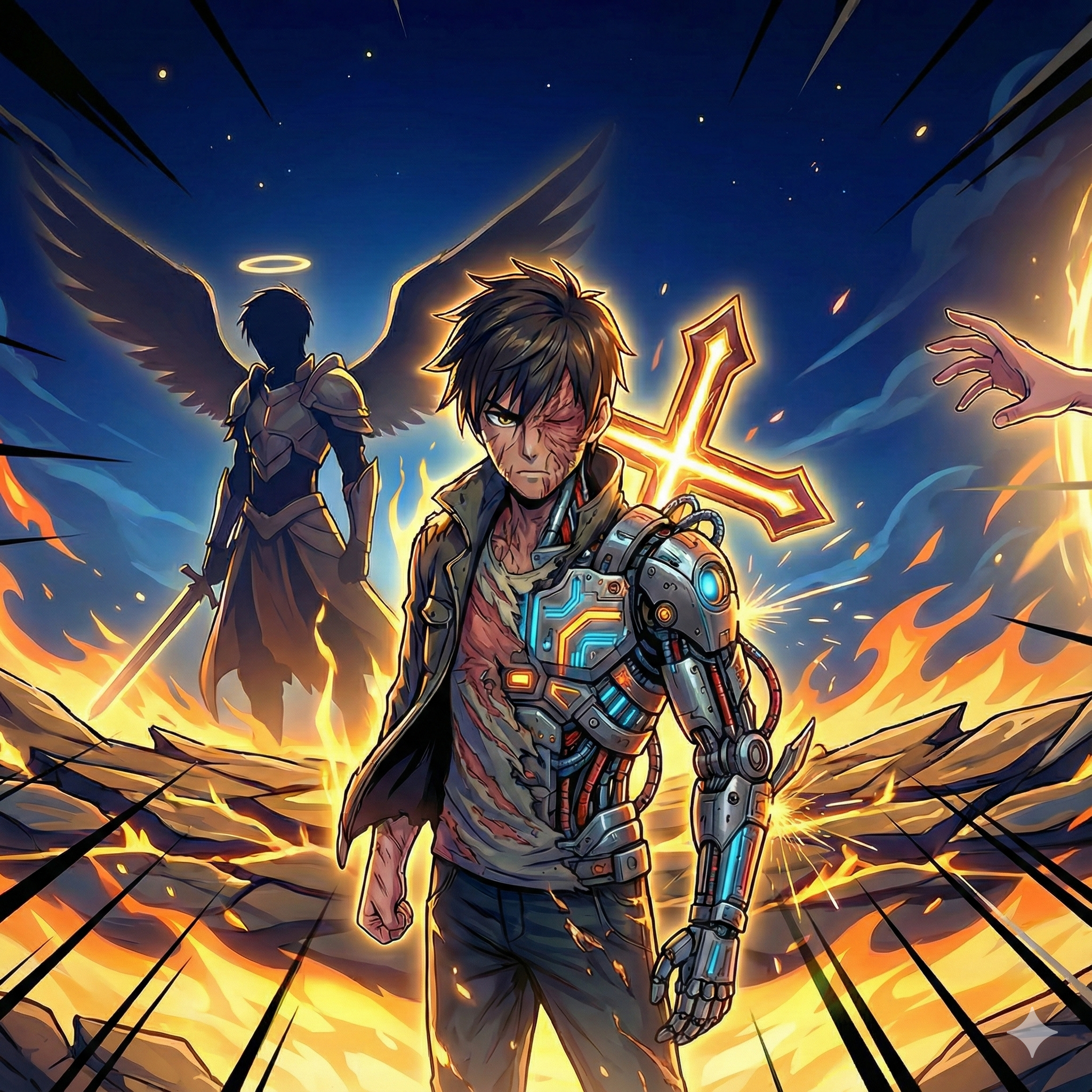 A digital illustration of a cyborg man with a mechanical arm and an injured face, standing in front of a fiery explosion with lightning bolts, an angel with wings and a glowing halo, and a starry night sky.