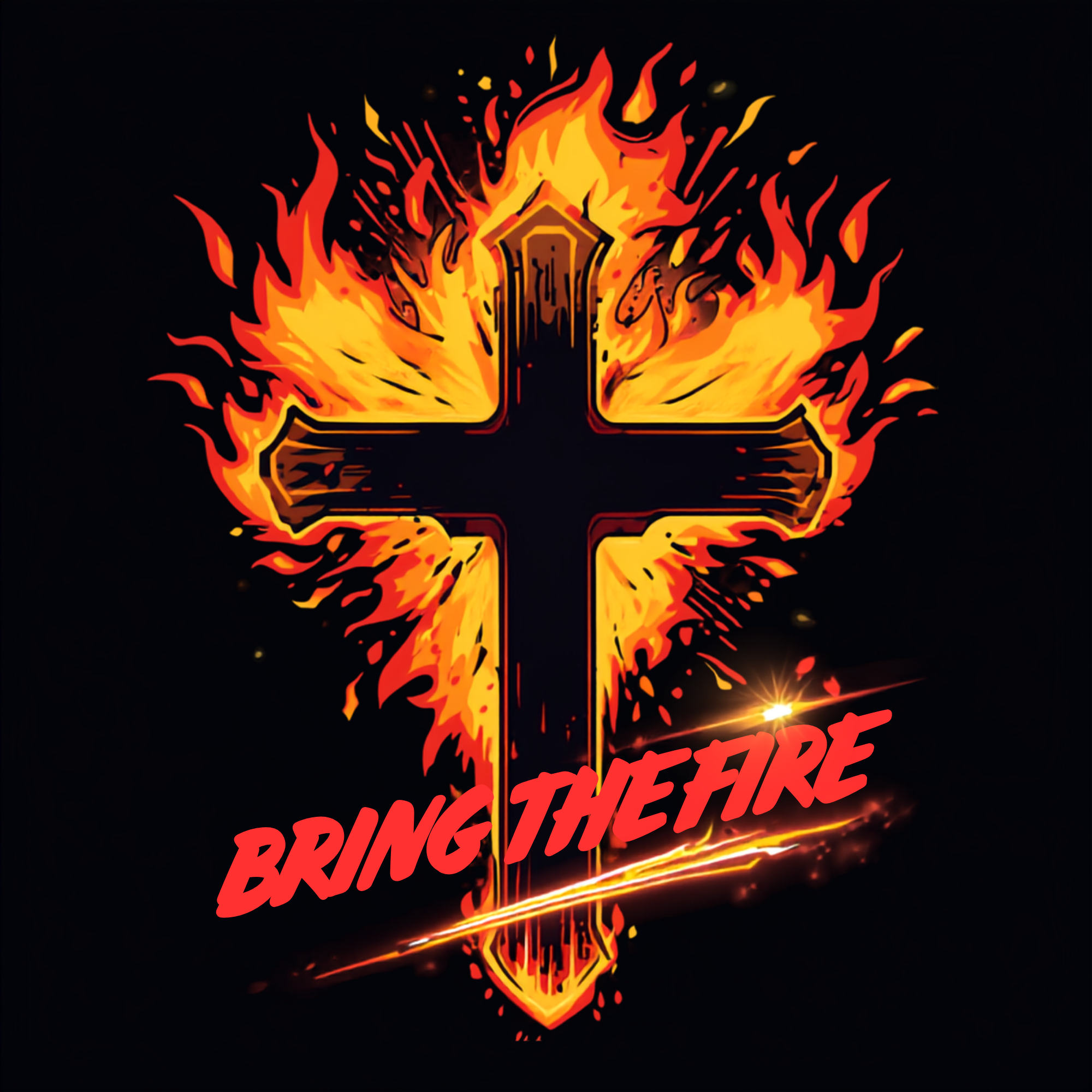Illustration of a cross engulfed in bright orange and yellow flames with the words "BRING THE FIRE" written below in red.