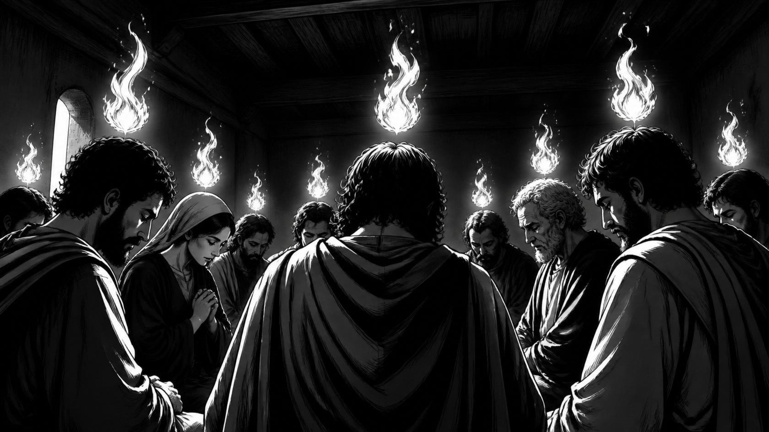 Black and white illustration of people praying around a central figure with long curly hair, in a room with flames on the ceiling.