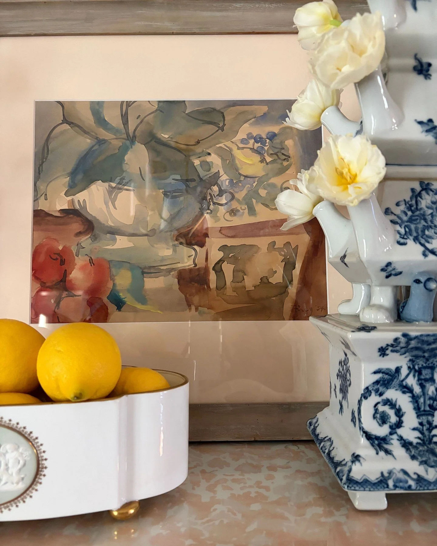 Fluid still life in blues, grays, and warm earth tones. 
Watercolor washes create movement and light. 🍋 

Watercolor on paper, 22 7/8 W x 20 3/8 H 

$525

Link in bio to shop.