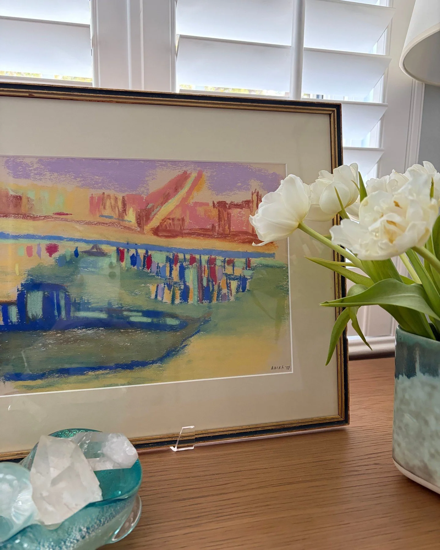 The cool foreground of this pastel abstract landscape is balanced by the warm colors the artist applied to the background. 

Coastal Abstract
Signed: Abish, '61
Pastel on paper 16 W x 13.5 H

$225

Link in bio to shop. 

This piece was originally dis