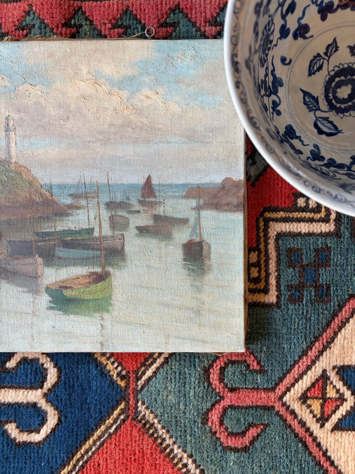 French Breton harbor seascape + blue and white + oriental rug = 💯 

Classic elements that elevate any space. 

oil on canvas
18 W x 13 H
$230