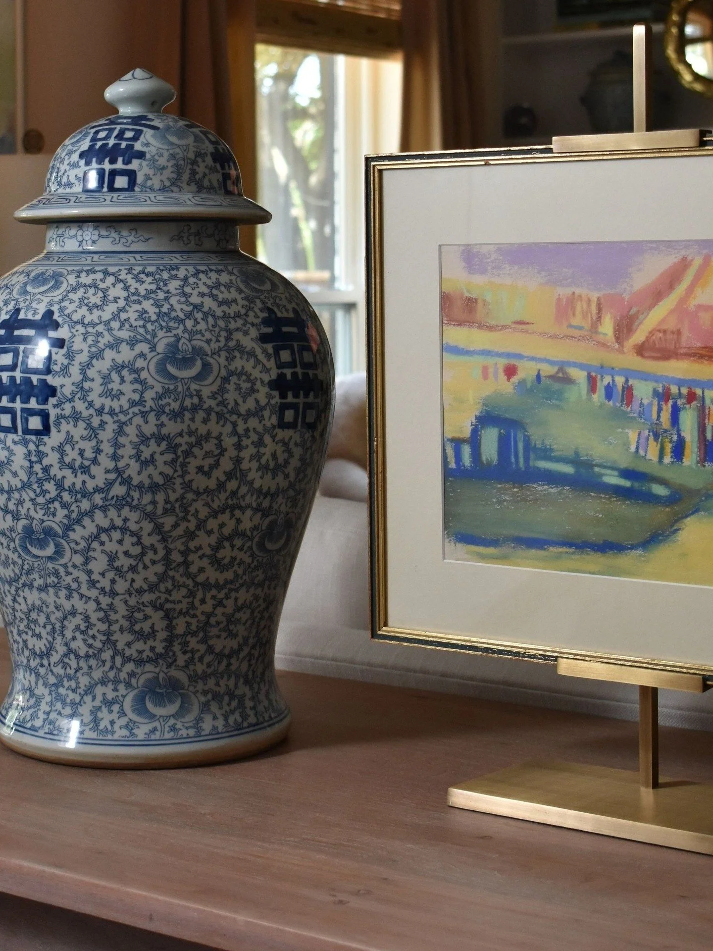 Blue and white has a new best friend. 💙

This framed pastel brings lavender, gold, and cobalt to a ginger jar vignette. This original mid-century pastel is a small piece with a big personality.

DM to inquire or shop at ruedesmuses.com (link in bio)