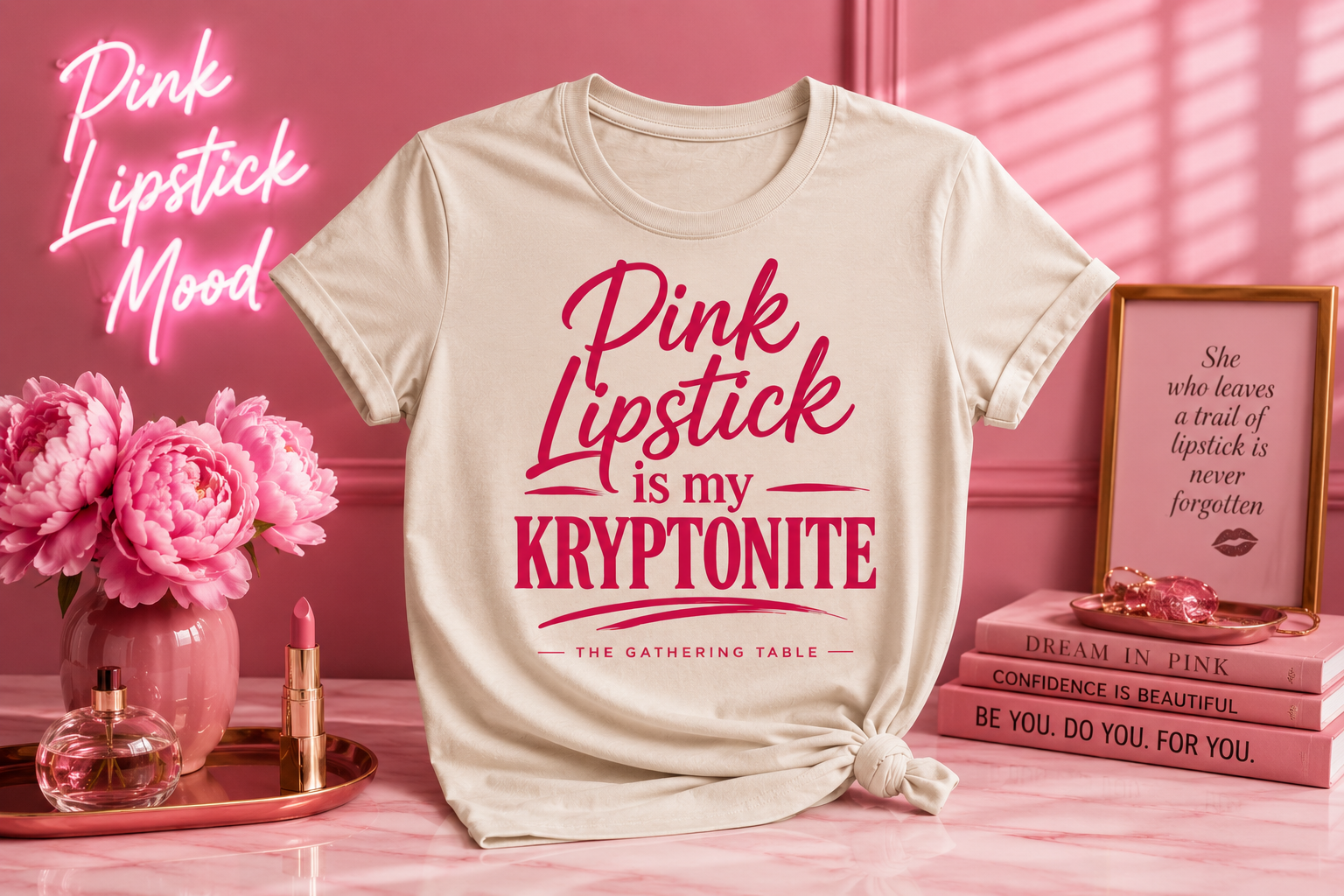 Cream graphic T-shirt with "Pink Lipstick is My Kryptonite" design displayed in a glamorous pink lifestyle setting, surrounded by feminine beauty accessories and chic décor.
