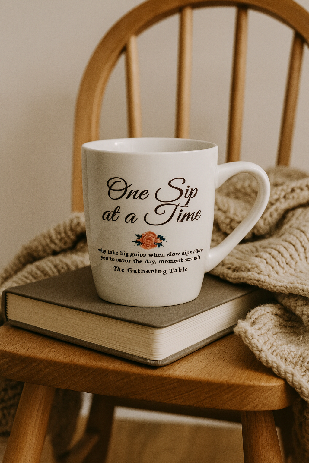 A white mug with the phrase "One Sip at a Time" and additional text, resting on a closed gray book on a wooden chair draped with a knit blanket.