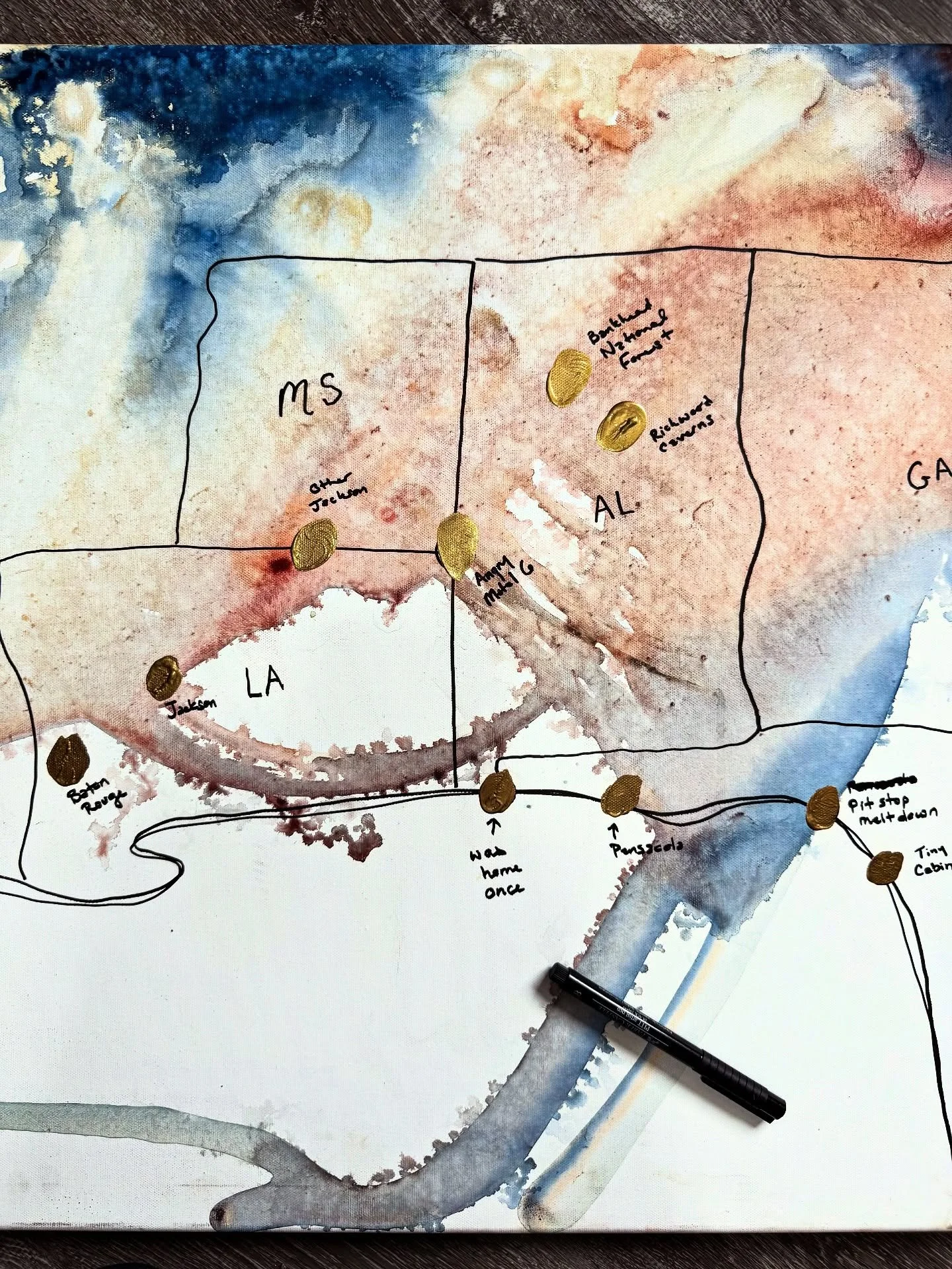 The map&rsquo;s a little off, but the feelings check out.
Too much sushi and almost got murdered in Baton Rouge.
Full meltdown in Tallahassee.
Foley felt like home for a brief minute.
Didn&rsquo;t fall in love with Mississippi. 
Louisiana&mdash;still