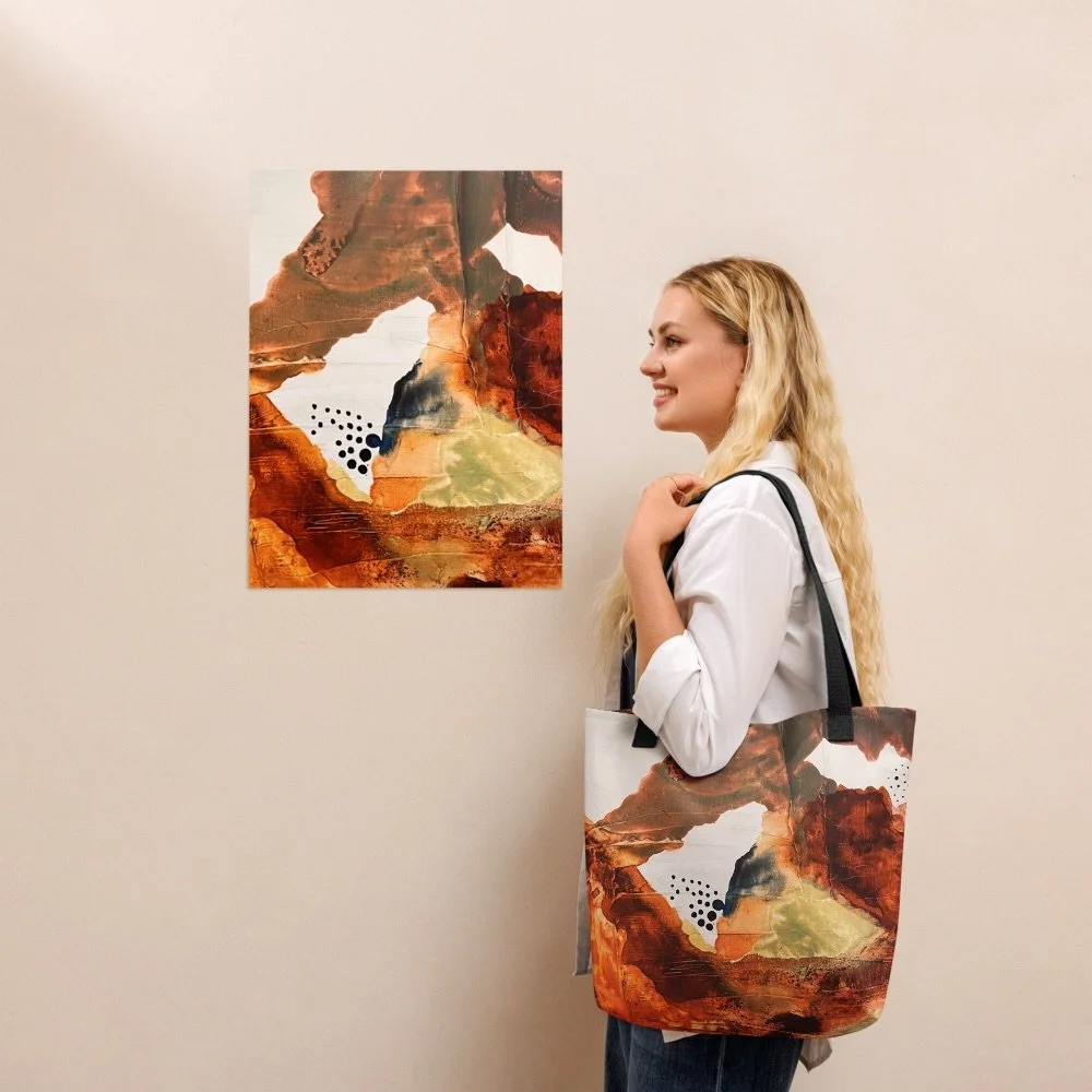 Today looked like desert air, a sick day with Rothko,
and my newest obsession&mdash;
letting my paintings live on things that get to go out into the world.

These are up now if one wants to come with you.
🔗 in bio.