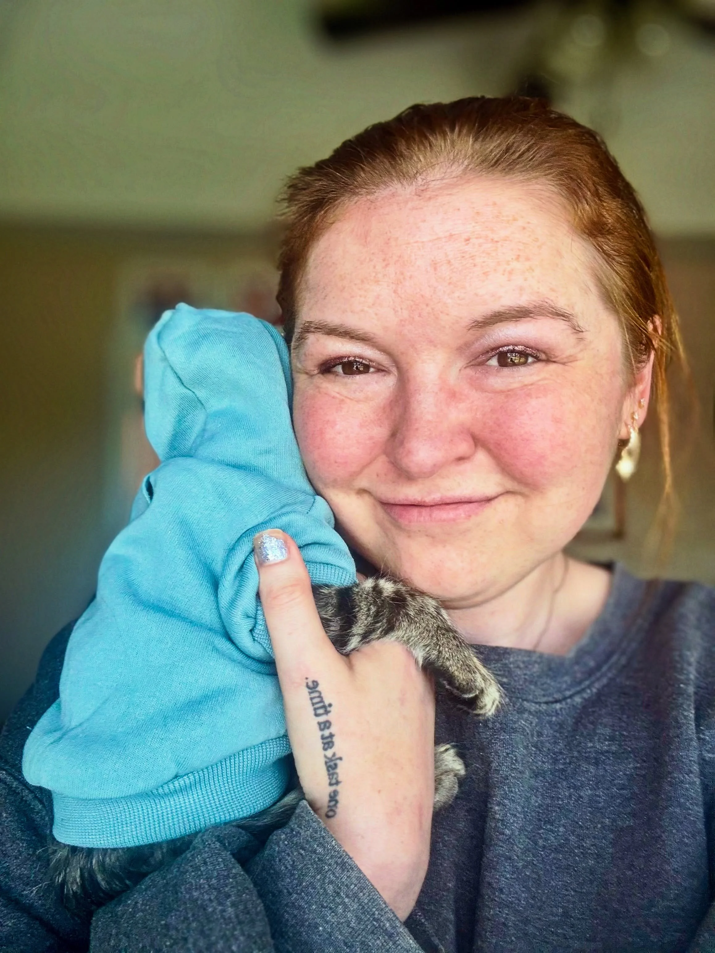 Summer freckles are finally coming along, and the tiny Margot cat is in a tiny cadet blue hoodie. I&rsquo;m happy again, you guys. Might actually be learning to like myself for the first time? It feels weird af, but I&rsquo;m vibing with it, and it&r