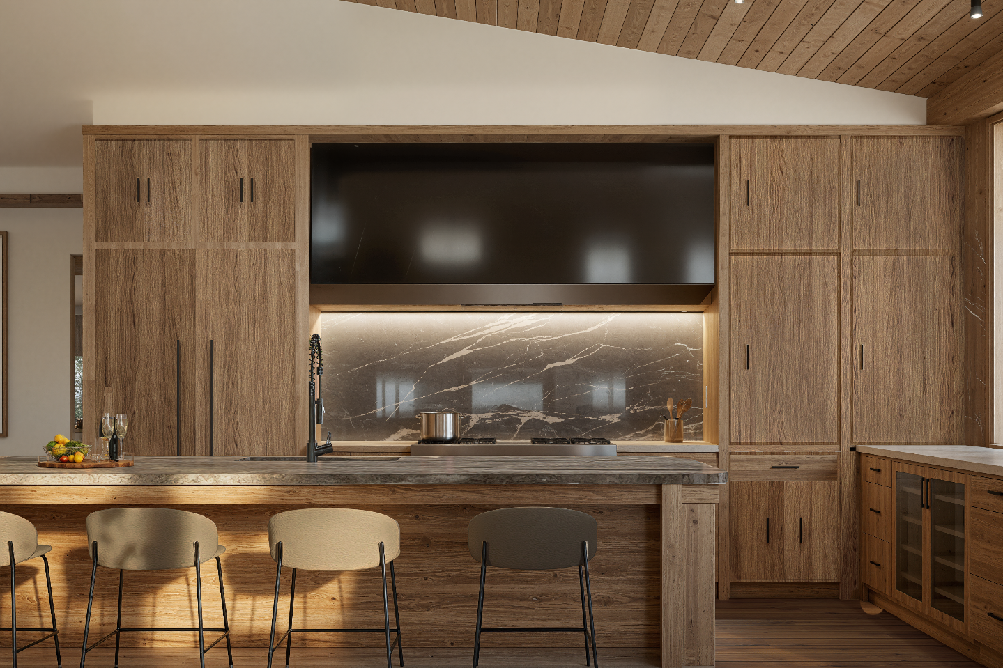 Contemporary mountain kitchen with white oak cabinets, statement slab & metal vent hood for Marabou Ranch family home. 