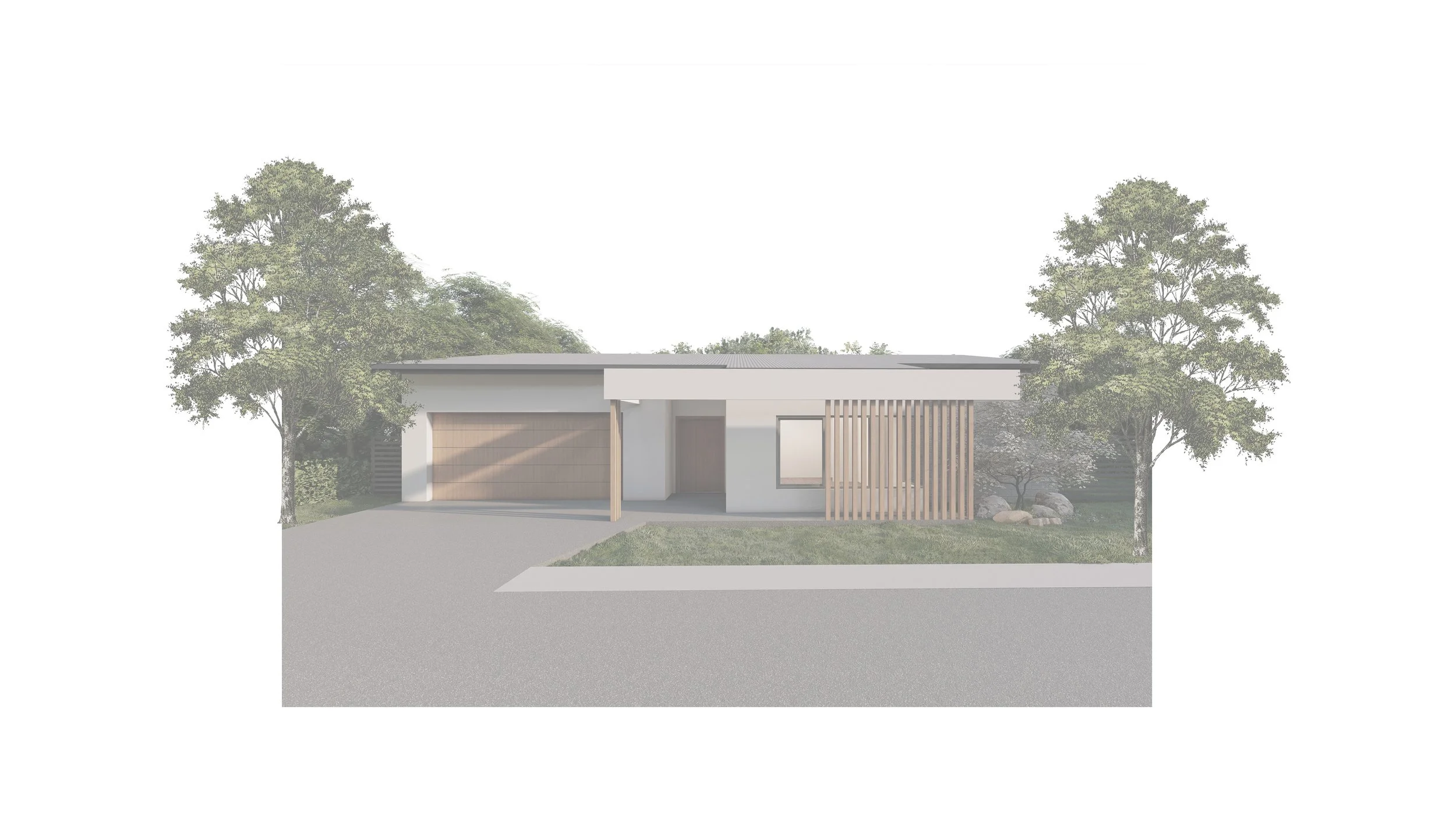 A modern, single-story house with a flat roof, a garage, and front yard with grass and trees.