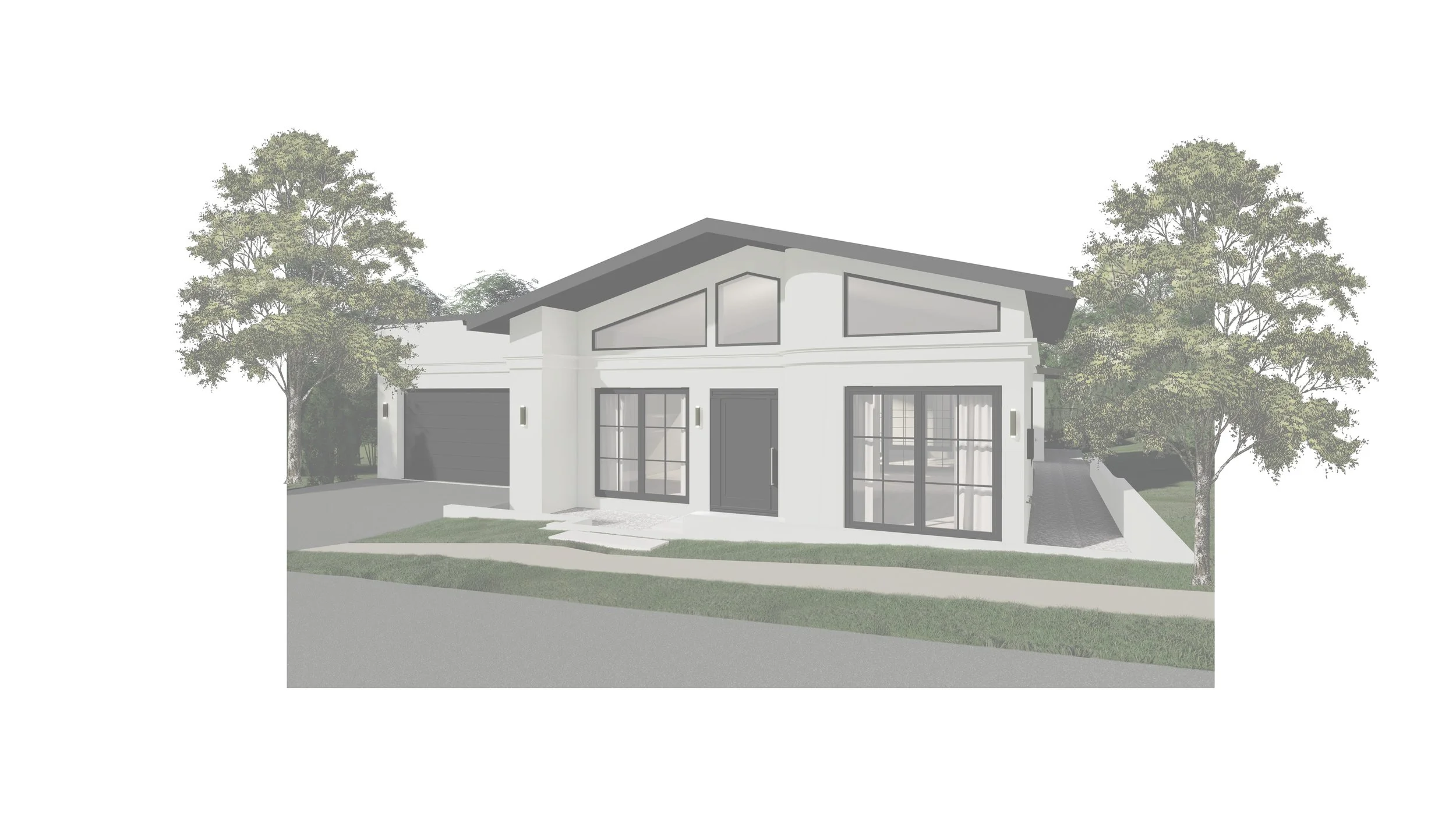 Digital rendering of a modern two-story house with white exterior, black accents, and large windows, surrounded by trees and a grassy lawn.