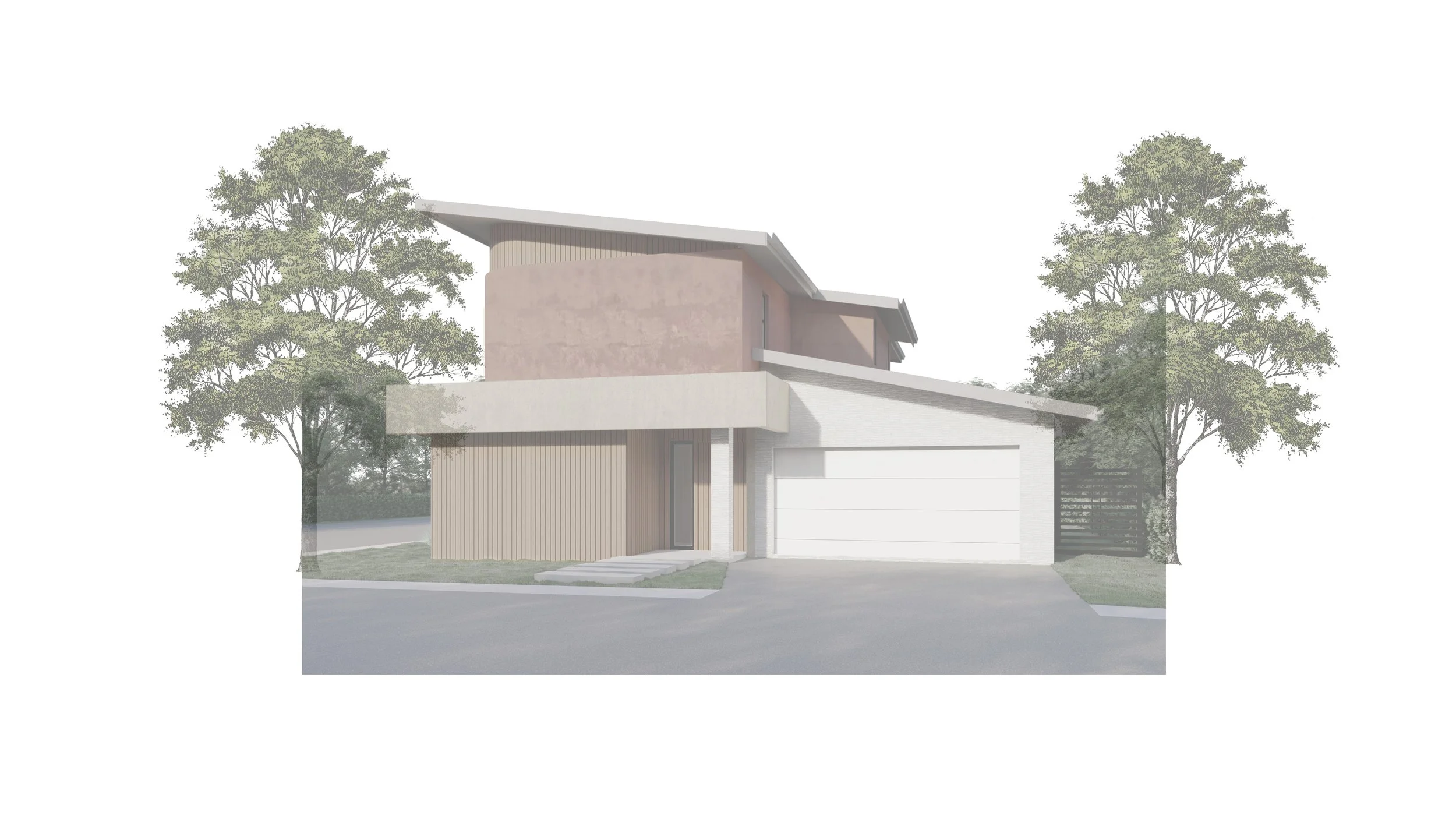 Modern two-story house with a white garage door, front door, and architectural design elements, surrounded by green trees.