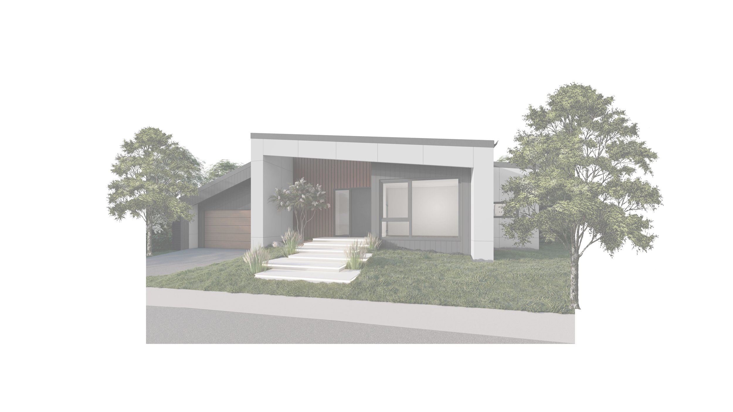 Front view of a modern house with stairs, grass, trees, and a driveway.