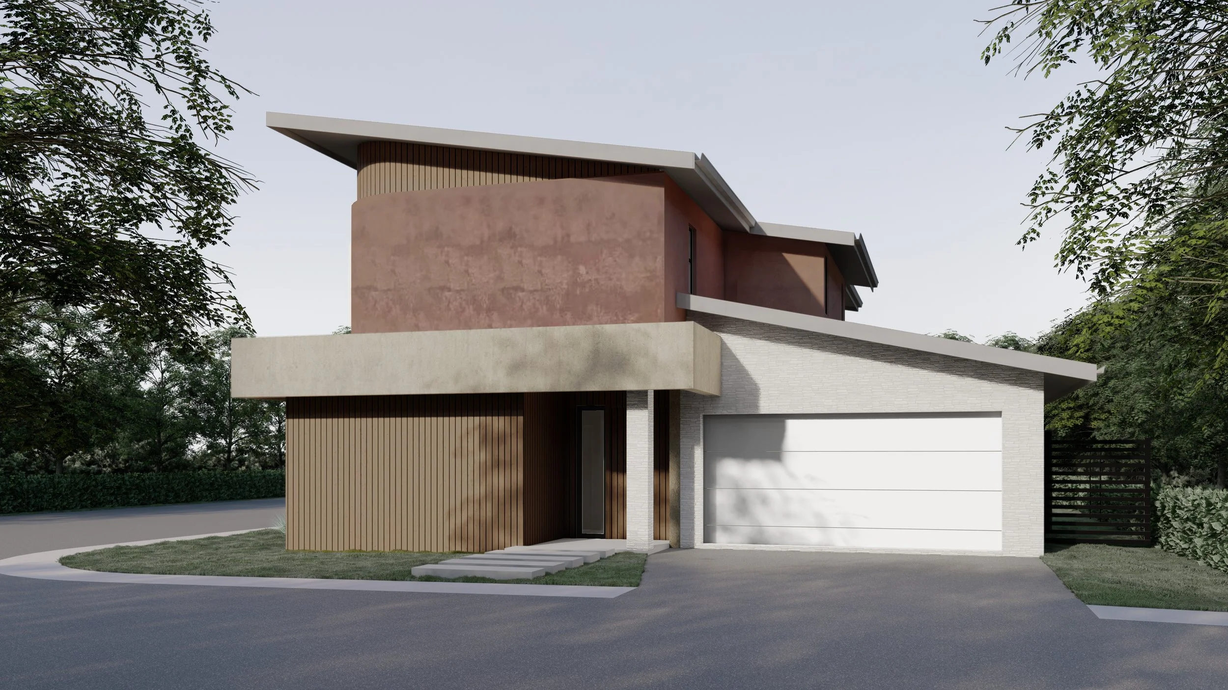 Modern two-story house with a white garage door, wooden and pink exterior walls, and a small front yard with steps leading to the entrance.