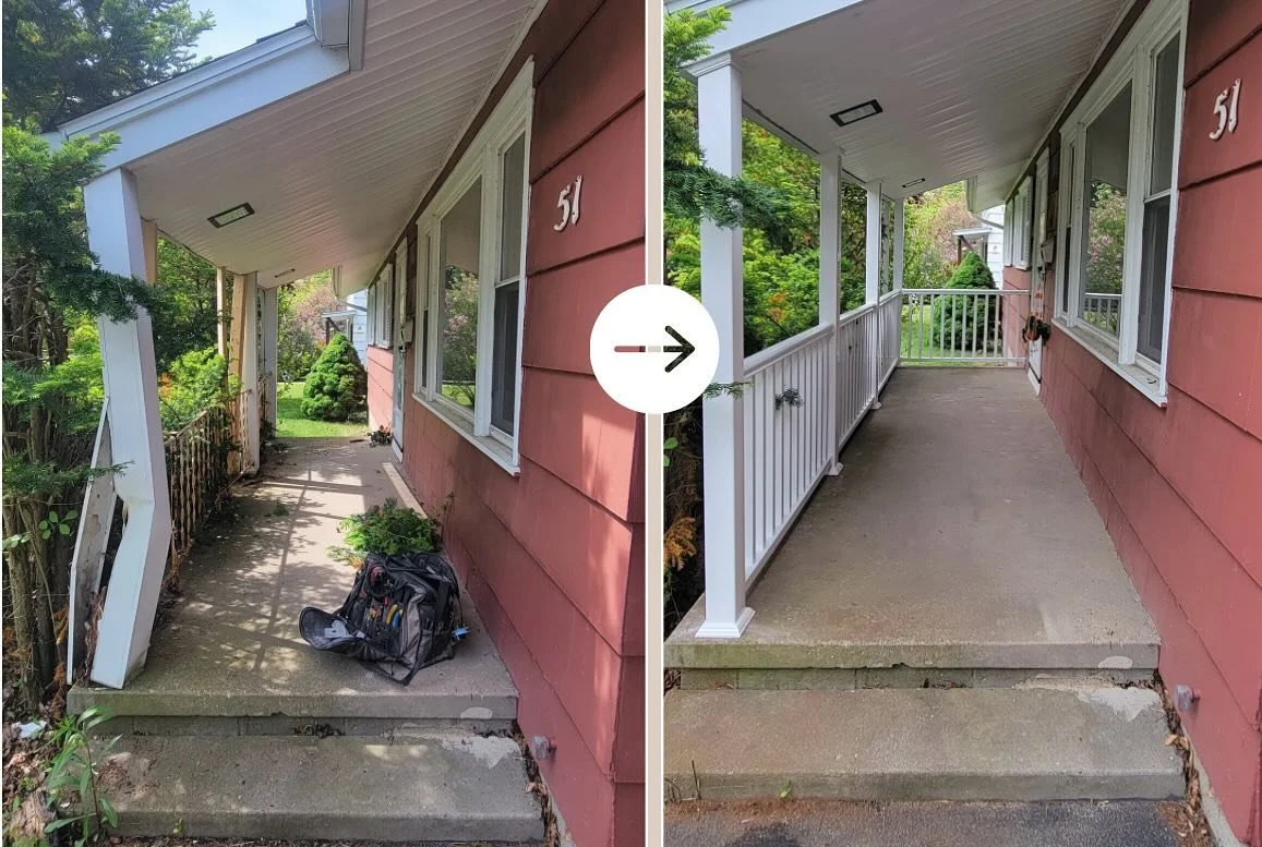 Porch repairs, remodels, and touch ups are perfect this time of year.
The porch we worked on here needed some love. 
Rotted columns and a sagging roof? 
No problem!
In just a few hours, we raised the roof, replaced the columns, and installed brand ne