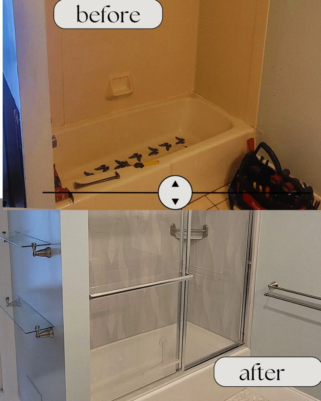 There&rsquo;s nothing more satisfying than a full upgrade 😮&zwj;💨
Swipe for more detail work! 

Our newest bathroom project entailed a full upgrade and replacement of the bathtub with a new sliding glass door for a more modern, luxe look.
We also i