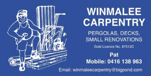 Blue business card for Winmalee Carpentry featuring a cartoon of a man with sunglasses holding a hammer standing next to a stack of wooden planks and a set of deck chairs, with services listed including pergolas, decks, and small renovations, and contact details for Pat.