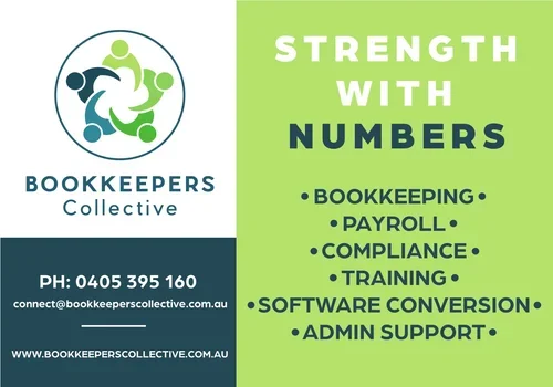 Logo for Bookkeepers Collective with contact information and a green and blue design emphasizing strength with numbers, including services like bookkeeping, payroll, compliance, training, software conversion, and admin support.