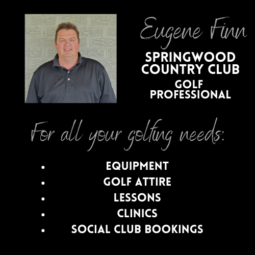Business card for Eugene Finn, a golf professional at Springwood Country Club, featuring a headshot of Eugene, with services listed including equipment, golf attire, lessons, clinics, and social club bookings.