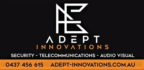 Logo for Adept Innovations, a company specializing in security, telecommunications, and audiovisual services.