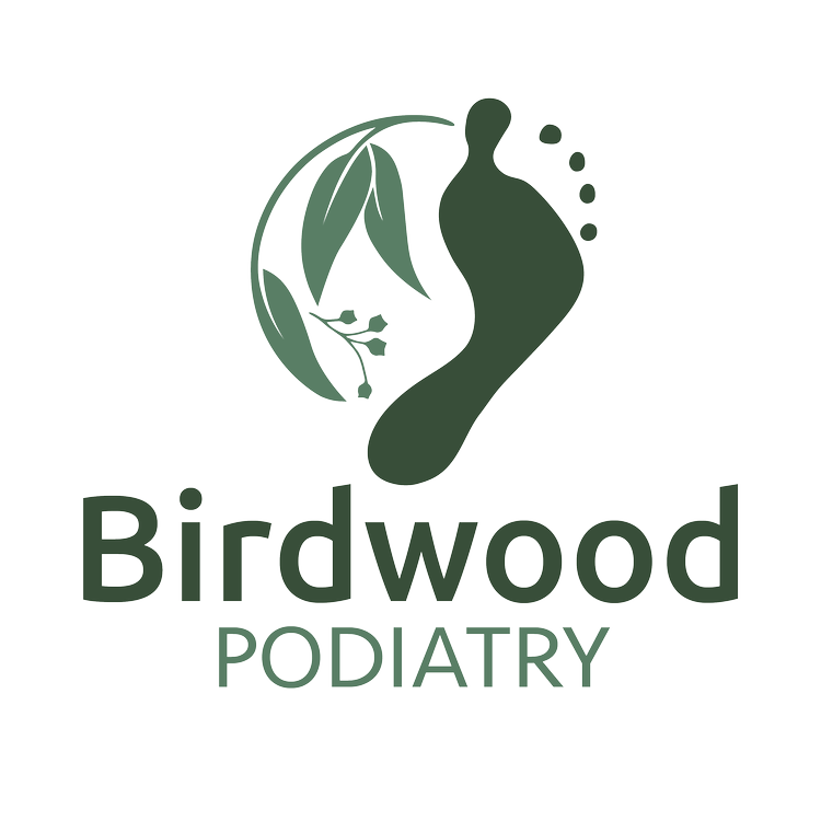 Logo for Birdwood Podiatry featuring a stylized footprint, a bird, and leaves in green tones with the text "Birdwood Podiatry" underneath.