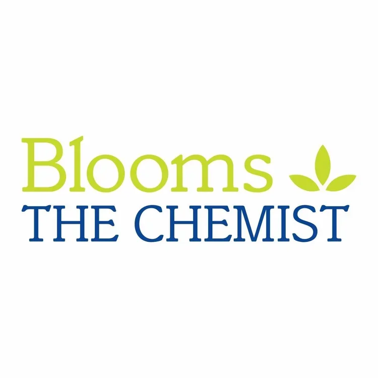Logo with the words 'Blooms the Chemist' and a small green leaf icon.