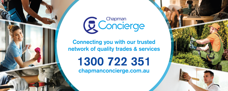 Advertisement for Chapman Concierge featuring images of various tradespeople, including a woman painting, a man pruning bushes, a person installing drywall, and a man painting a wall. The ad includes the company logo, slogan, contact info, and website.