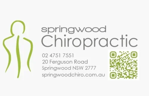 Business card for Springwood Chiropractic featuring a stylized green figure, contact information, and a QR code.