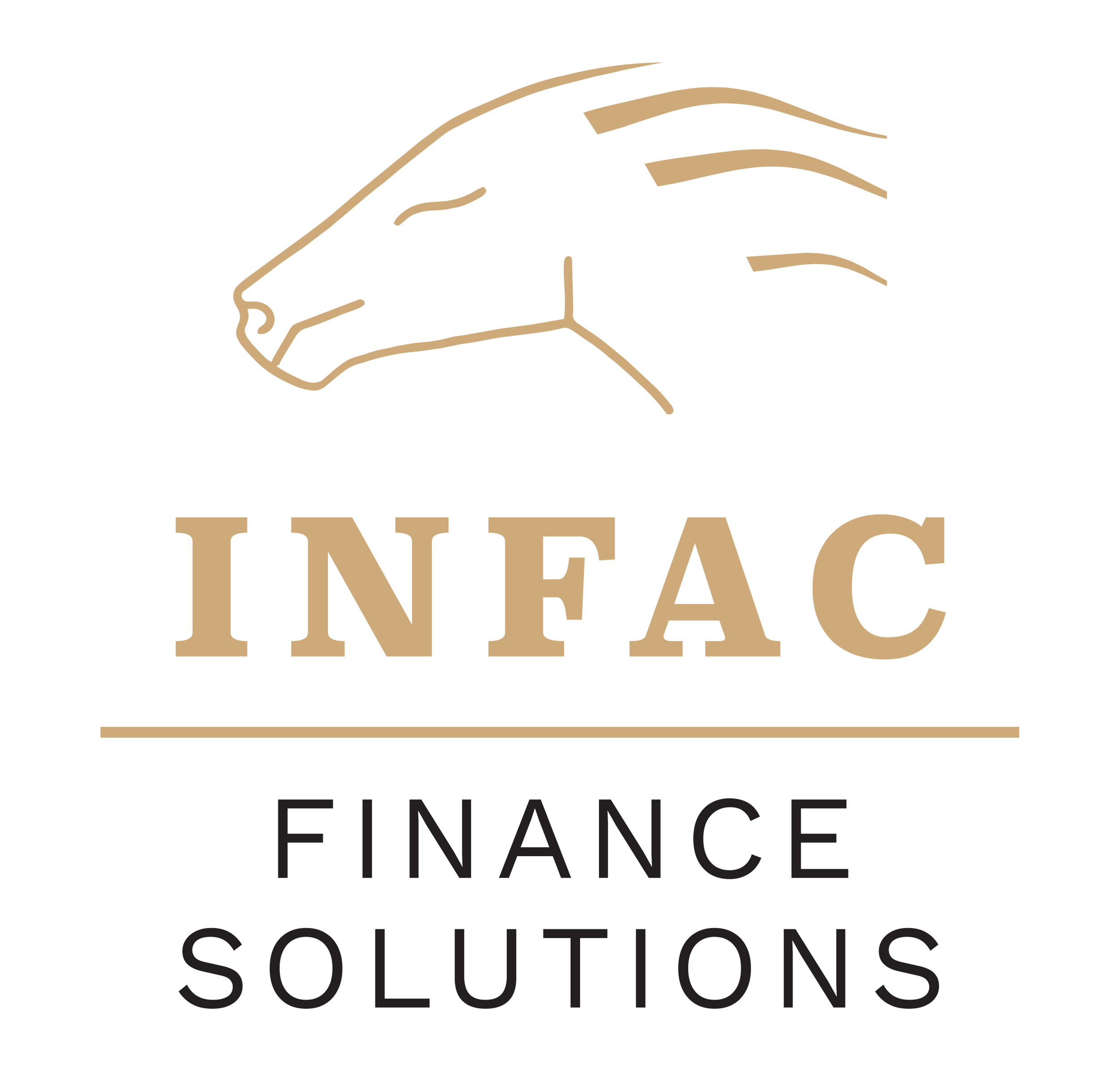 Logo of INFAC Finance Solutions featuring a stylized horse head illustration above the company name in bold text with beige and black colors.