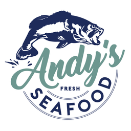 Logo for Andy's Seafood featuring a fish above the text 'Andy’s Fresh Seafood' in green and blue.