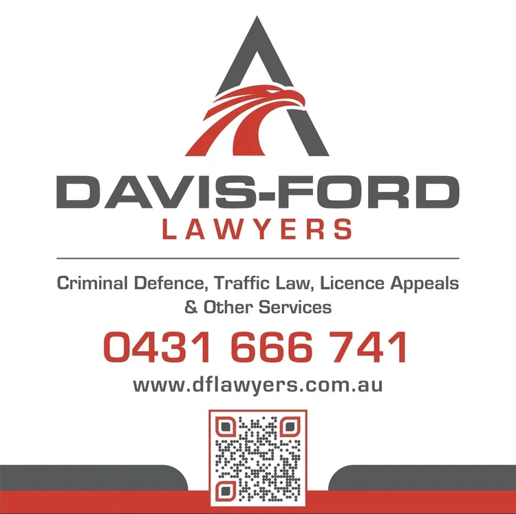 Business card for Davis-Ford Lawyers featuring logo, contact number, website, and services offered.