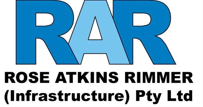 Logo with large blue letters RAR and black text underneath that reads 'Rose Atkins Rimmer (Infrastructure) Pty Ltd'.