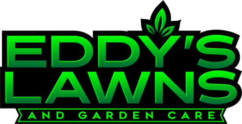 Logo with the text 'Eddy's Lawns and Garden Care' in green, featuring a leaf above the 'Y' in 'Eddy's'.