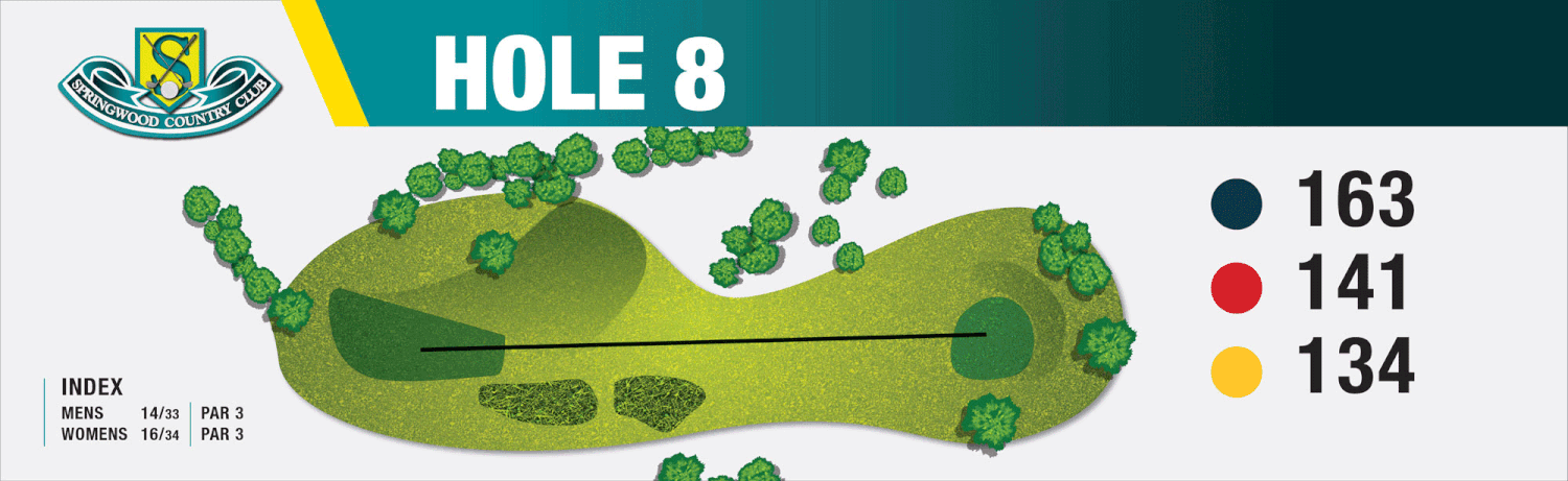 Scorecard for Hole 8 at Springwood Country Club showing distances of 163, 141, and 134 yards, with trees and the layout of the hole.