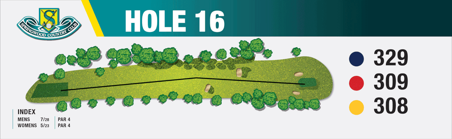 Map of hole 16 at Springwood Country Club golf course showing the layout, trees, and three different tee options with distances of 329, 309, and 308 yards.