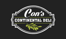 Logo for Con's Continental Deli with white text and design on a black background